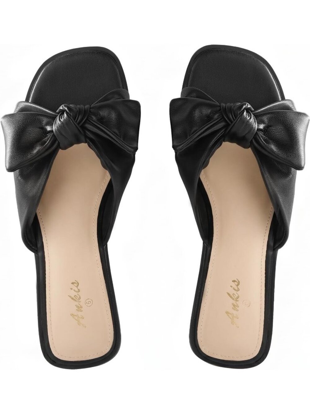 Women's Black Bow Flat Square Open Toe Comfortable Slip On Slide Shoes Slippers